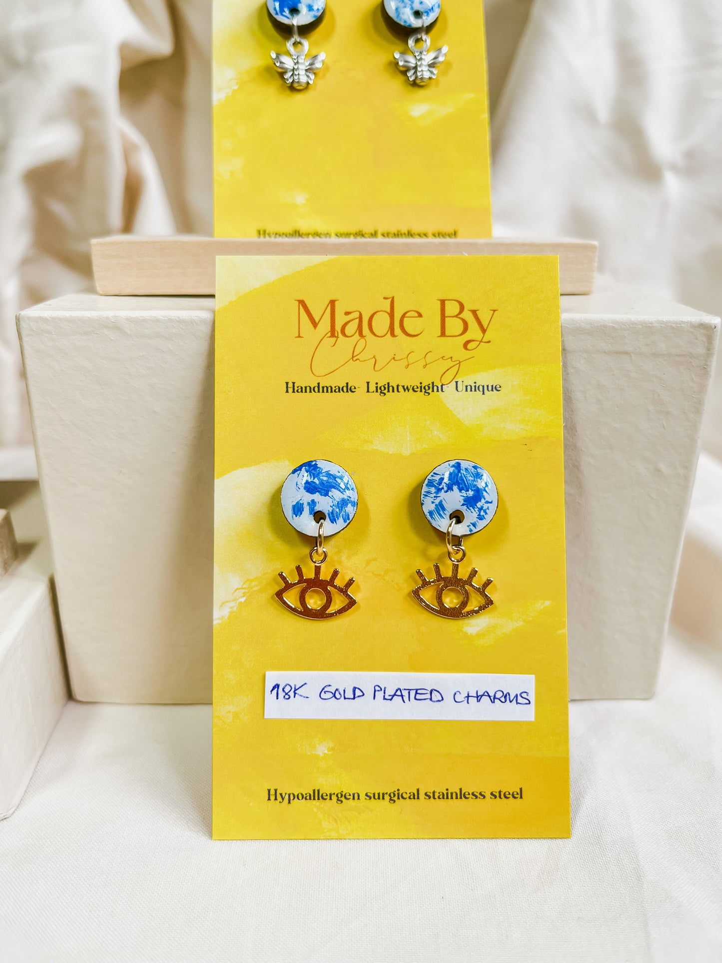 'Sky High' Evil Eye stud earrings- 18k gold plated charms
